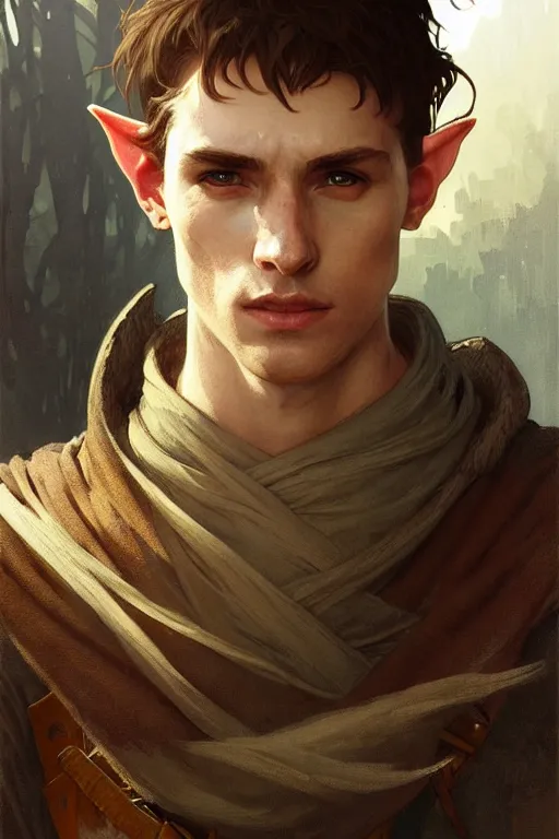 Image similar to portrait of a beautiful fit young elf male ranger, with fluent cloths, leather armor, by greg rutkowski and alphonse mucha, d & d character, gradient brown to white, autumn background, highly detailed portrait, digital painting, artstation, concept art, smooth, sharp focus illustration, artstation hq