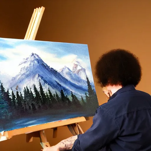 Image similar to a closeup photorealistic photograph of bob ross working on a canvas painting of marilyn manson. happy trees, mountain scape. film still. brightly lit scene. this 4 k hd image is trending on artstation, featured on behance, well - rendered, extra crisp, features intricate detail, epic composition and the style of unreal engine.