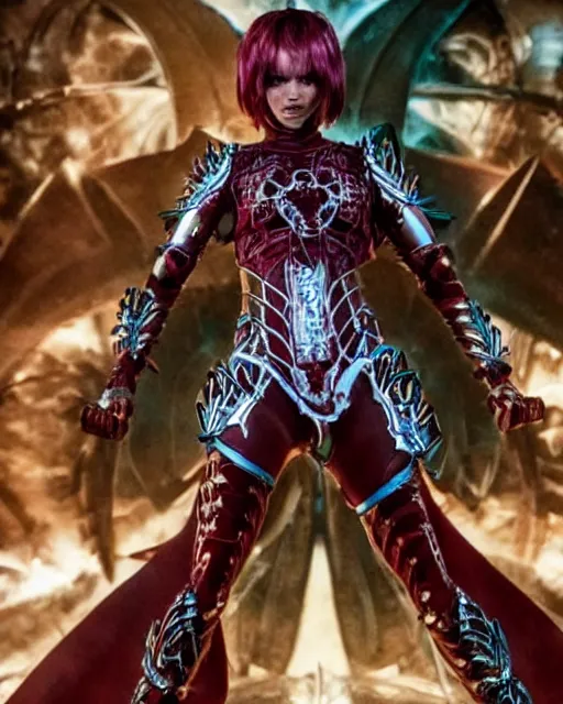 Prompt: Ruby Rose as a six armed super hero Rita Wayword, Spiral. A female super hero, wearing form fitting metal armor, has six different arms each holding a sword