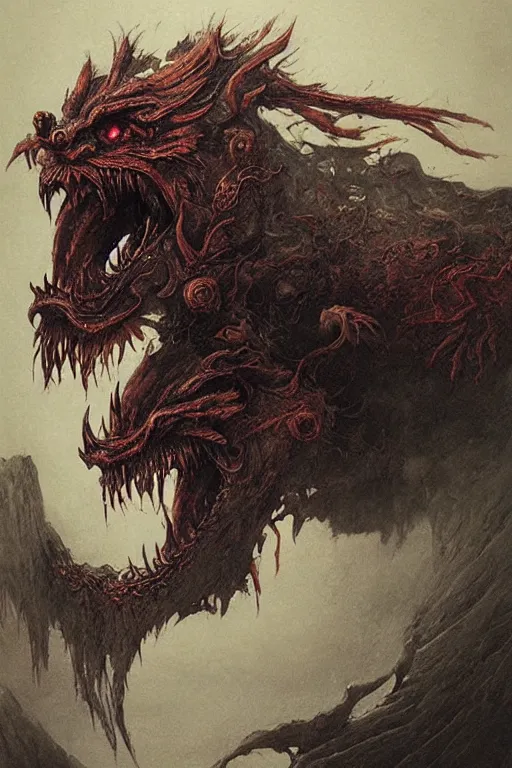 Image similar to oimmortal beast from chinese mythology, chinese dragon slayer concept art, beksinski