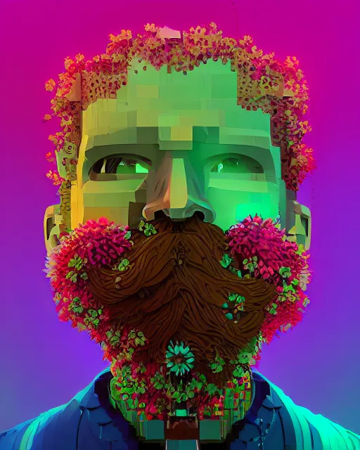 Prompt: a ultradetailed digital painting of a man with flowers in his beard, profile, cyberpunk art by beeple, behance contest winner, retrofuturism, voxel art, # pixelart, dystopian art
