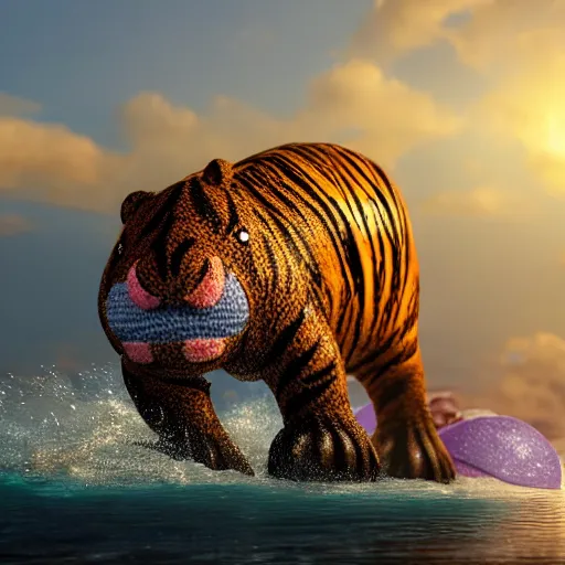 Image similar to a closeup photorealistic photograph of a cute smiling knitted tiger hippopotamus chasing a beachball at sunset. surf in the background. professional capture. this 4 k hd image is trending on artstation, featured on behance, well - rendered, extra crisp, features intricate detail, epic composition and the style of unreal engine.