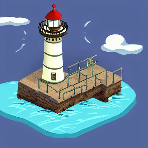 Image similar to side view of top down isometric video game, point and click style, on an island with a giant lighthouse, a drawbridge, and crew quarters with a cave underneath the island