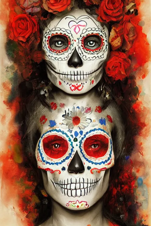 Image similar to illustration of a sugar skull day of the dead girl, art by ruan jia