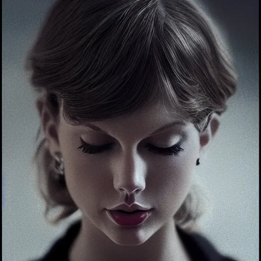 Prompt: a front - faced clear close - up studio portrait of taylor swift with her eyes closed, dramatic cinematic lighting, trending on artstation, fine details, 8 k, highly detailed, beautifully composed