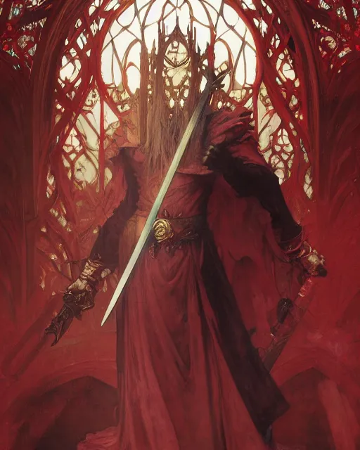 Prompt: A Full View of a Red Wizard with a sword and staff, surrounded by energy in front of a gothic tower. masterpiece 4k digital illustration by Ruan Jia and Mandy Jurgens and Artgerm and greg rutkowski and Alexander Tsaruk and WLOP and william-adolphe bouguereau, award winning, Artstation, art nouveau aesthetic, Alphonse Mucha background, intricate details, realistic, panoramic view, Hyperdetailed, 8k resolution, intricate art nouveau