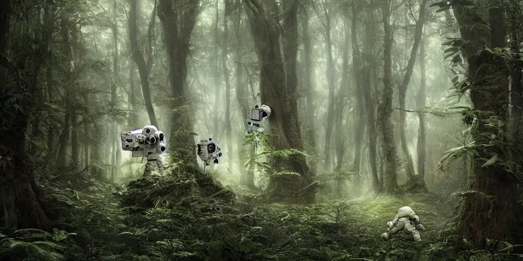 Prompt: an astronaut comes a across a strange creature in a forest, a detailed matte painting by frieke janssens, featured on cgsociety, space art, matte painting, matte drawing