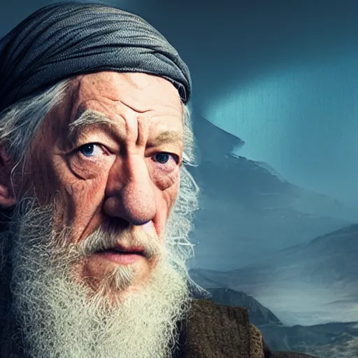 Image similar to landscape photo of ian mckellen as osama bin laden in a dark hood fighting an alien invasion by creatures from jupiter, arial shot, highly detailed, cinematic shot, cinematic lighting, 8 k.