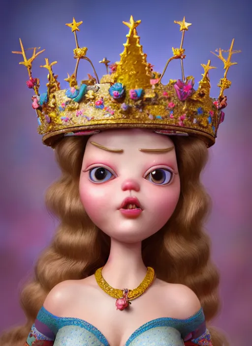 Image similar to highly detailed closeup, face profile portrait of a tin toy fairytale princess wearing a crown eating cakes, bikini, unreal engine, by nicoletta ceccoli, mark ryden, lostfish, dan decarlo, bob clampett, max fleischer, global illumination, detailed and intricate environment