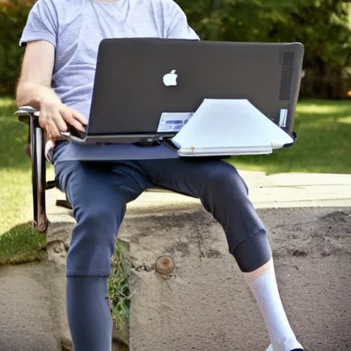 Image similar to tall pale skinny caucasian man with curly blonde hair with mismatching socks and capri pants holding laptop computer and laughing