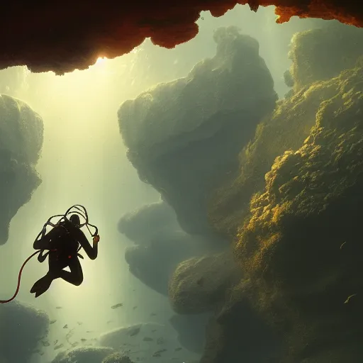 Image similar to scuba diver underwater, beautiful dynamic lighting, cinematic, wide angle establishing shot, extremely high detail, photo realistic, cinematic lighting, post processed, concept art, artstation, matte painting, style by frederic church, raphael lacoste, unreal engine 8k