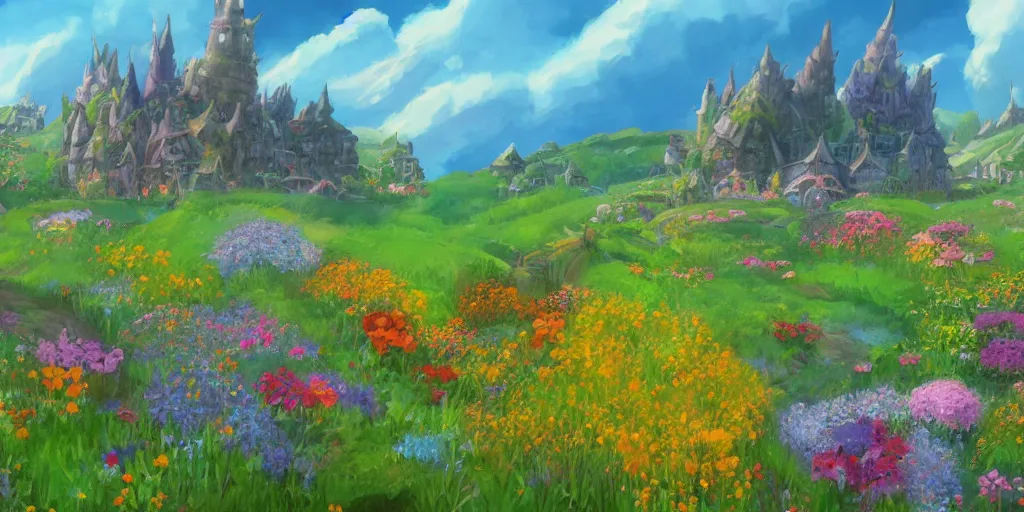 Prompt: a still of a background from howl's moving castle!!!!! of hobbiton, light bloom, flowers