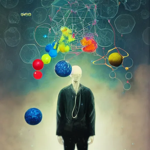 Image similar to surreal gouache painting, yoshitaka amano, ruan jia, conrad roset, bubbles, orbs, incredibly detailed, of floating molecules and a mannequin artist holding an icosahedron with stars, clouds, and rainbows in the background, retrowave, modular patterned mechanical costume headpiece, artstation masterpiece, minimalistic