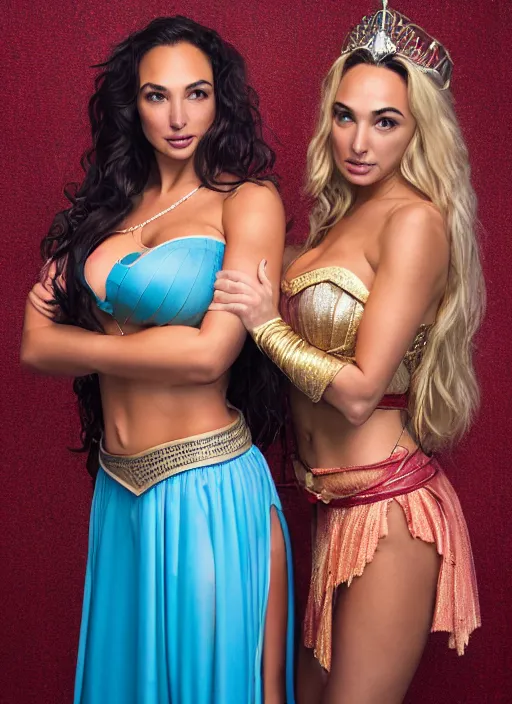 Image similar to portrait of lindsey pelas and gal gadot wearing as princess jasmine, by charlotte grimm, natural light, detailed face, beautiful features, symmetrical, canon eos c 3 0 0, ƒ 1. 8, 3 5 mm, 8 k, medium - format print, half body shot