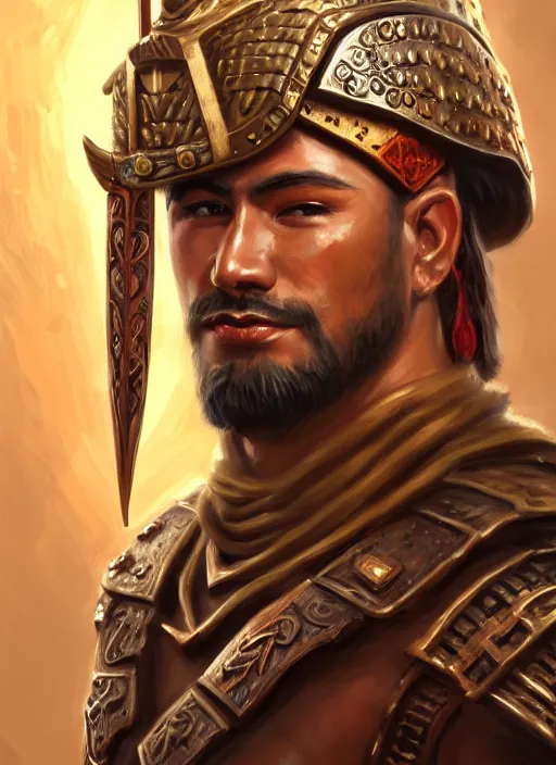 Image similar to smart tai warlord, closeup portrait, beardless, smooth - faced, historical hero, ethnic group, tai costume, bronze headdress, intricate, with leather armor cross on bare chest, elegant, loin cloth, highly detailed, oil painting, artstation, concept art, matte, sharp focus, illustration, hearthstone, art by earl norem