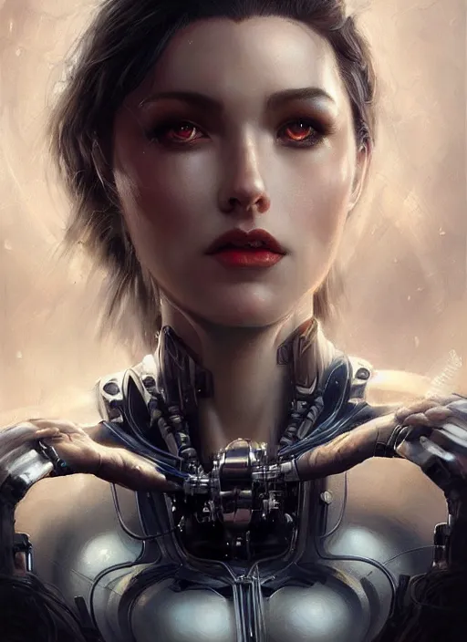 Image similar to a beautiful woman with cybernetic muscles, painted by artgerm and tom bagshaw, fantasy art, dramatic lighting, highly detailed oil painting