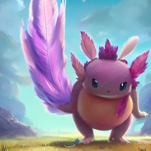 Image similar to a cute beautiful plant type pokemon with happy cute smile, purple feathers grow out of his hair, full body portrait, highly detailed digital art, 3 d perspective, award - winning illustration, aesthetic, smooth, pokemon style, made by greg rutkowski, with an alien landscape in the background