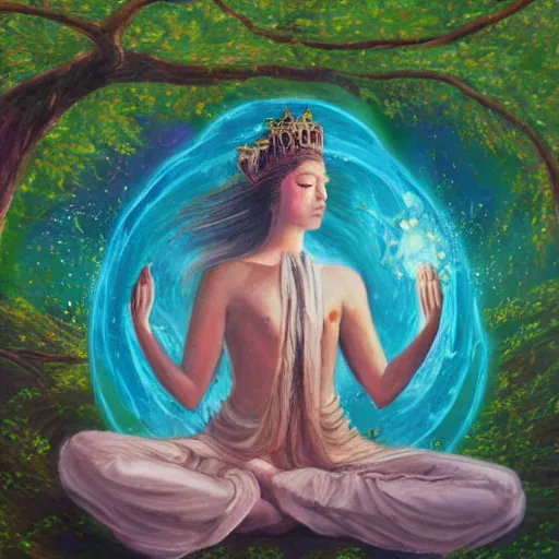 Image similar to A detailed oil painting of a space empress meditating under a tree, detailed artwork