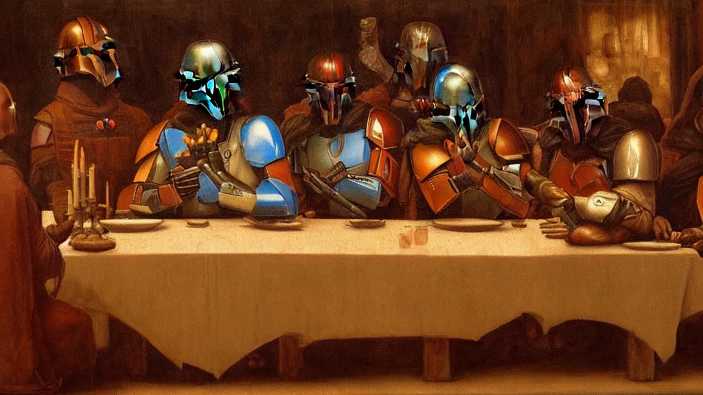 Prompt: mandalorian last supper, by leonardo davinci, concept art, oil painting, art station