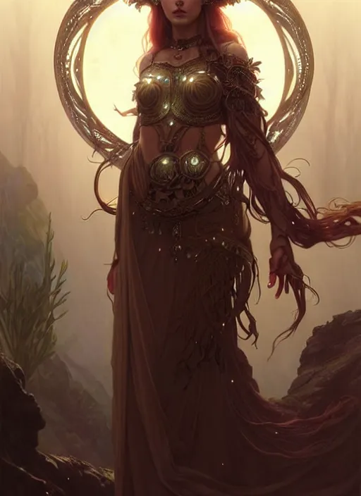 Image similar to a beautiful cinematic female druid goddess, galatic shamen with Quantum energy fantasy, fantasy magic, undercut hairstyle, dark light night, intricate, elegant, sharp focus, illustration, highly detailed, digital painting, concept art, matte, art by WLOP and Artgerm and Greg Rutkowski and Alphonse Mucha, masterpiece