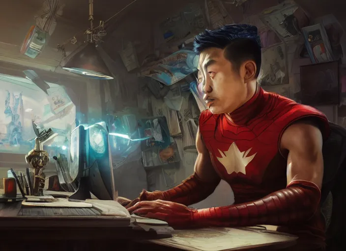 Image similar to an insanely detailed painting of an asian man wearing a homemade superhero costume, realistic face, sitting at a desk, staring seriously at the computer and typing, in the style of peter mohrbacher, james jean, artgerm, dramatic lighting and composition, surreal background, octane render, pixar, trending on artstation, concept art, comic book, 8 k