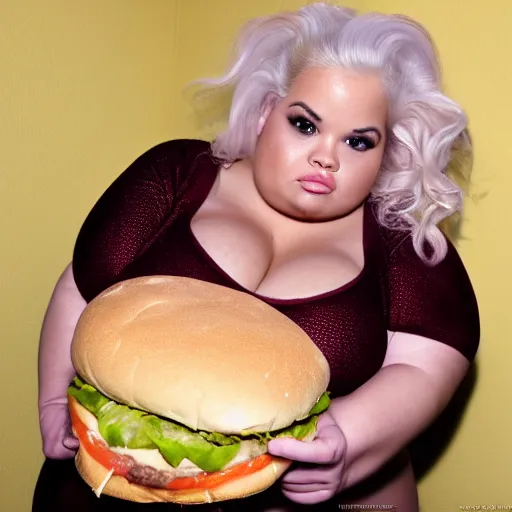 Image similar to a medium shot photo of trisha paytas extremely obese with a hamburger in her hand,8k, DSLR, highly detailed skin, highly detailed hands