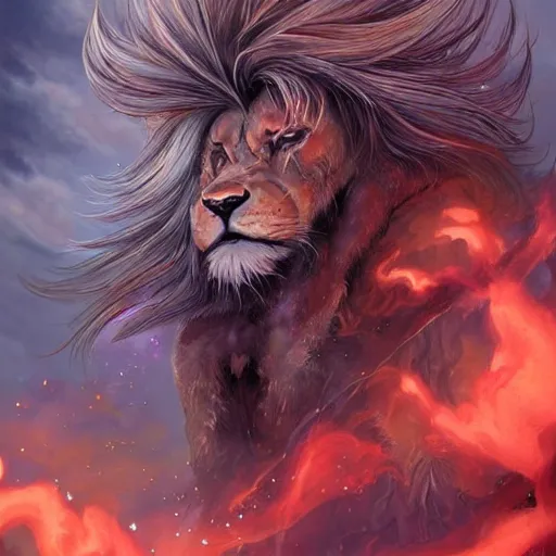 Image similar to aesthetic portrait commission of a albino muscular and attractive anthro lion as a satanic muscular overlord with mane fur turning into cosmic red fire and black smoke in the volcanic burning clouds, fantasy art, hyperdetailed. Character design by charlie bowater, ross tran, artgerm, and makoto shinkai, detailed, inked, western comic book art, 2021 award winning painting