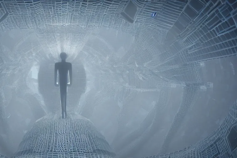 Image similar to a complex organic fractal 3 d ceramic humanoid megastructure, cinematic shot, foggy, photo still from movie by denis villeneuve