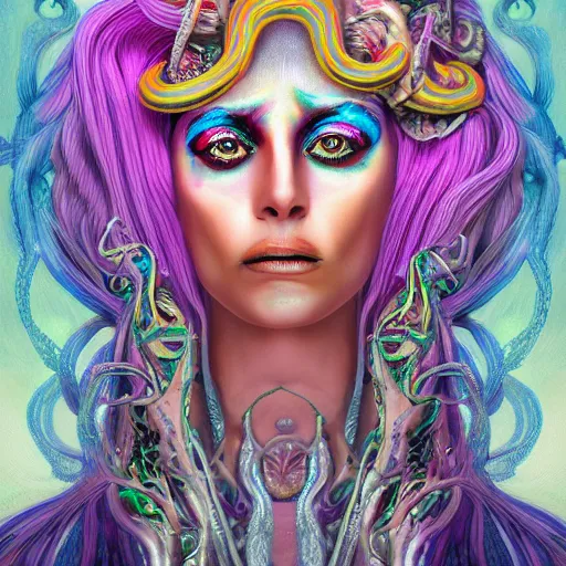 Prompt: an extremely psychedelic portrait of medusa as lady gaga, surreal, lsd, face, detailed, intricate, elegant, lithe, highly detailed, digital painting, artstation, concept art, smooth, sharp focus, illustration,