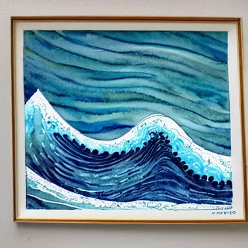 Image similar to beautiful ocean wave constructed of baseballs, watercolor