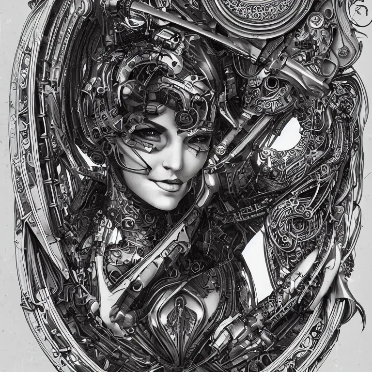 Image similar to ultra realistic illustration of a retro futuristic female cyborg punk art nouveau filgree scrollwork, masterpiece, intricate, highly detailed, sharp