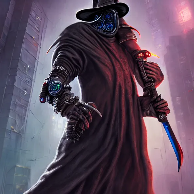 Image similar to cyberpunk plague doctor warrior, highly detailed, 4 k, hdr, smooth, sharp focus, high resolution, award - winning photo, artgerm, photorealistic