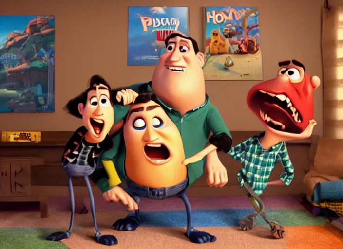 Image similar to pixar animation homeboys are buddies in a disney animation mancave