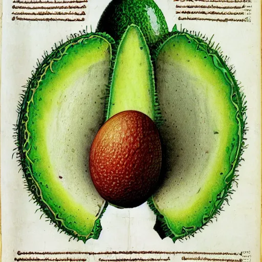 Prompt: a page from codex seraphinianus about a diagram of merging of emma watson with avocado