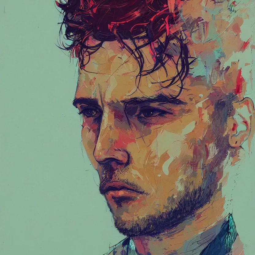 Image similar to close up portrait painting of a male musician in nineties street styling, concept art, intricate details, aesthetically pleasing pastel colors, art by conrad roset, impressionism, portrait