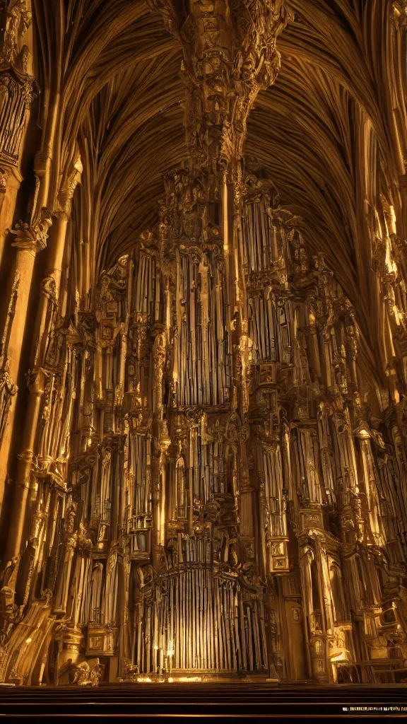 Image similar to a complex ancient pipe organ cathedral interior, 4 k, stone pews, torches, lighting, unreal engine 5 render, natural color scheme, architectural photography, f 3 2, still from movie by guillermo del toro