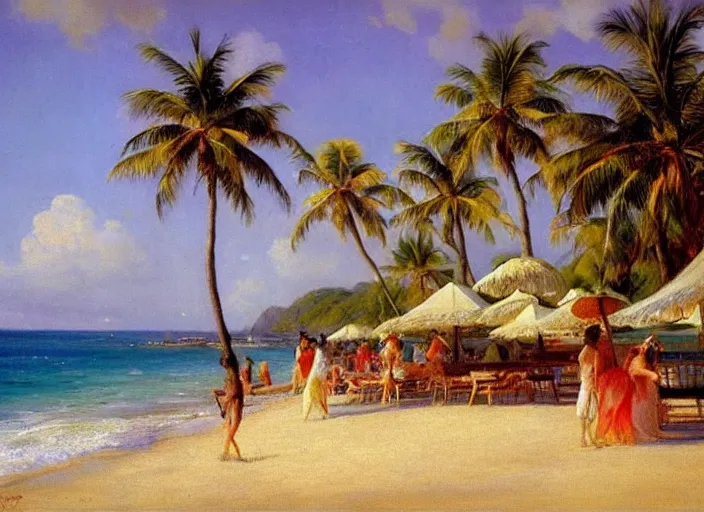 Image similar to a beautiful tropical beach with palm trees by alexander averin and delphin enjolras