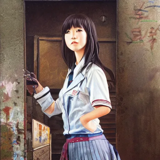 Prompt: a perfect, realistic professional 70s oil painting of a Japanese schoolgirl posing in a dystopian alleyway, style of Marvel, full length, by a professional American senior artist on ArtStation, a high-quality hollywood-style concept