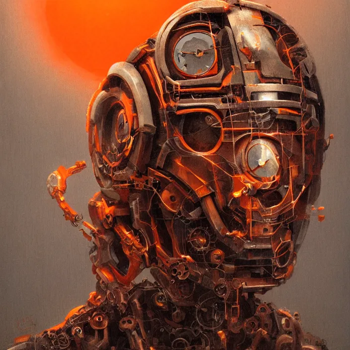 Image similar to portrait of an orange ultron from age of ultron, clockwork steampunk, dieselpunk, head and chest only, by beksinski, 4 k, deviantart, trending on artstation