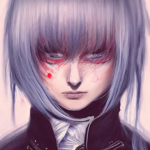 Prompt: full face shot of rimuru tempest, sky blue straight hair, long bangs, closed eyes, wearing a fancy black jacket, high collar, ultra detailed, brush strokes, digital painting, cinematic, wlop artstation, closeup, pixiv, eerie, scary, overpowering, evil, yoshitaka amano, andy warhol,