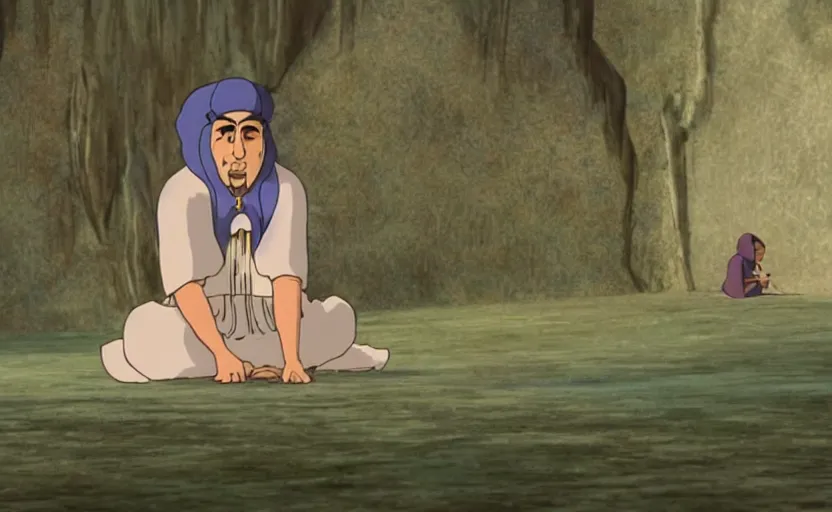 Image similar to a cell - shaded cartoon movie still from princess mononoke ( 1 9 9 7 ) of a middle eastern imam kneeling in prayer. a golden ufo is in the sky. very dull muted colors, hd, 4 k, hq