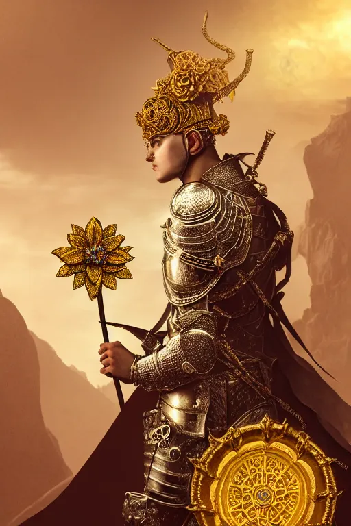 Image similar to hyperdetailed matte illustration of a knight wearing an ornate gold headpiece and holding a flower with a map of the collective subconscious in the background by octane render