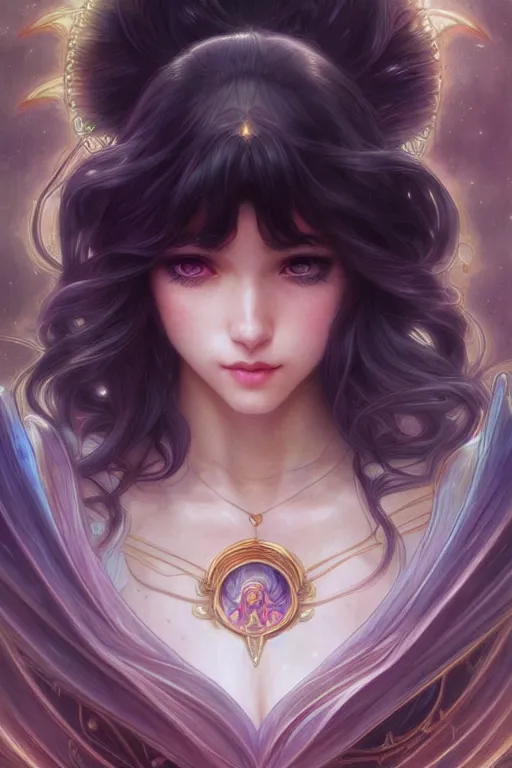 Image similar to a beautiful girl with long dark hair and bangs, sailor moon aesthetic, fantasy, intricate, elegant, highly detailed, digital painting, artstation, concept art, matte, sharp focus, illustration, art by Artgerm and Greg Rutkowski and Alphonse Mucha