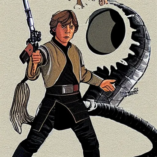 Image similar to luke skywalker riding a sandworm