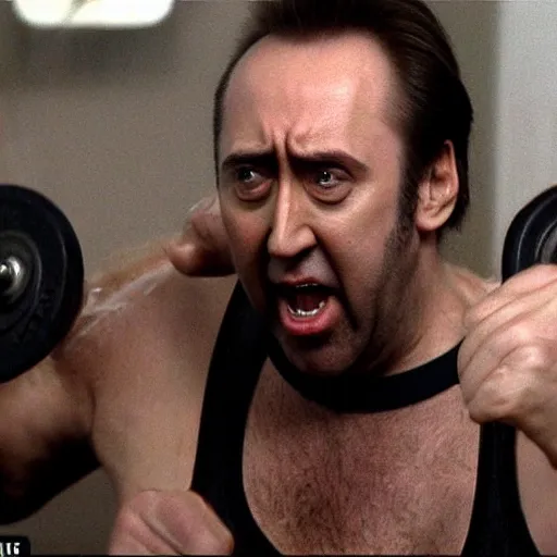 Image similar to nic cage covered in sweat while lifting an elephant