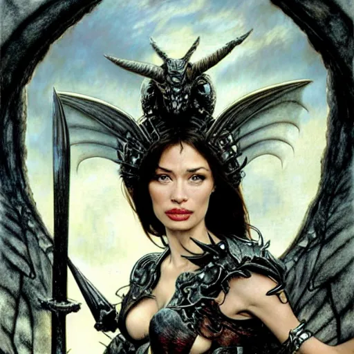 Prompt: head and shoulders portrait of an armored erinyes devil with huge bat wings, portrayed by olga kurylenko, d & d, fantasy, luis royo, magali villeneuve, donato giancola, wlop, krenz cushart, hans zatka, klimt, alphonse mucha