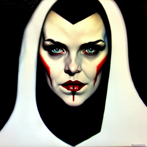 Image similar to close up face of a beautiful bond female VAMPIRE portrait, oil on canvas, artgerm, norman rockwell, craig mulins, trending on pxiv,