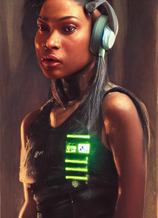 Prompt: Isabel igwe. beautiful cyberpunk katana assassin wearing a cyberpunk headset and combat jumpsuit. (Cyberpunk 2077, bladerunner 2049). Iranian orientalist portrait by john william waterhouse and Edwin Longsden Long and Theodore Ralli and Nasreddine Dinet, oil on canvas. Cinematic, vivid colors, hyper realism, realistic proportions, dramatic lighting, high detail 4k