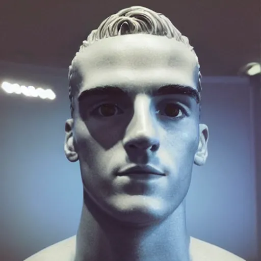 Image similar to “ a realistic detailed photo of a guy who is an attractive humanoid who is half robot and half humanoid, who is a male android, soccer player antoine griezmann, shiny skin, posing like a statue, blank stare, at the museum, on display ”