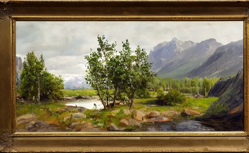 Image similar to oil painting lanscape by anders zorn, nature, fruit trees, very very very very beautiful art, dramatic light, water reflections, tall rocky mountains, police making arrests, detaining people, cop cars, sirens